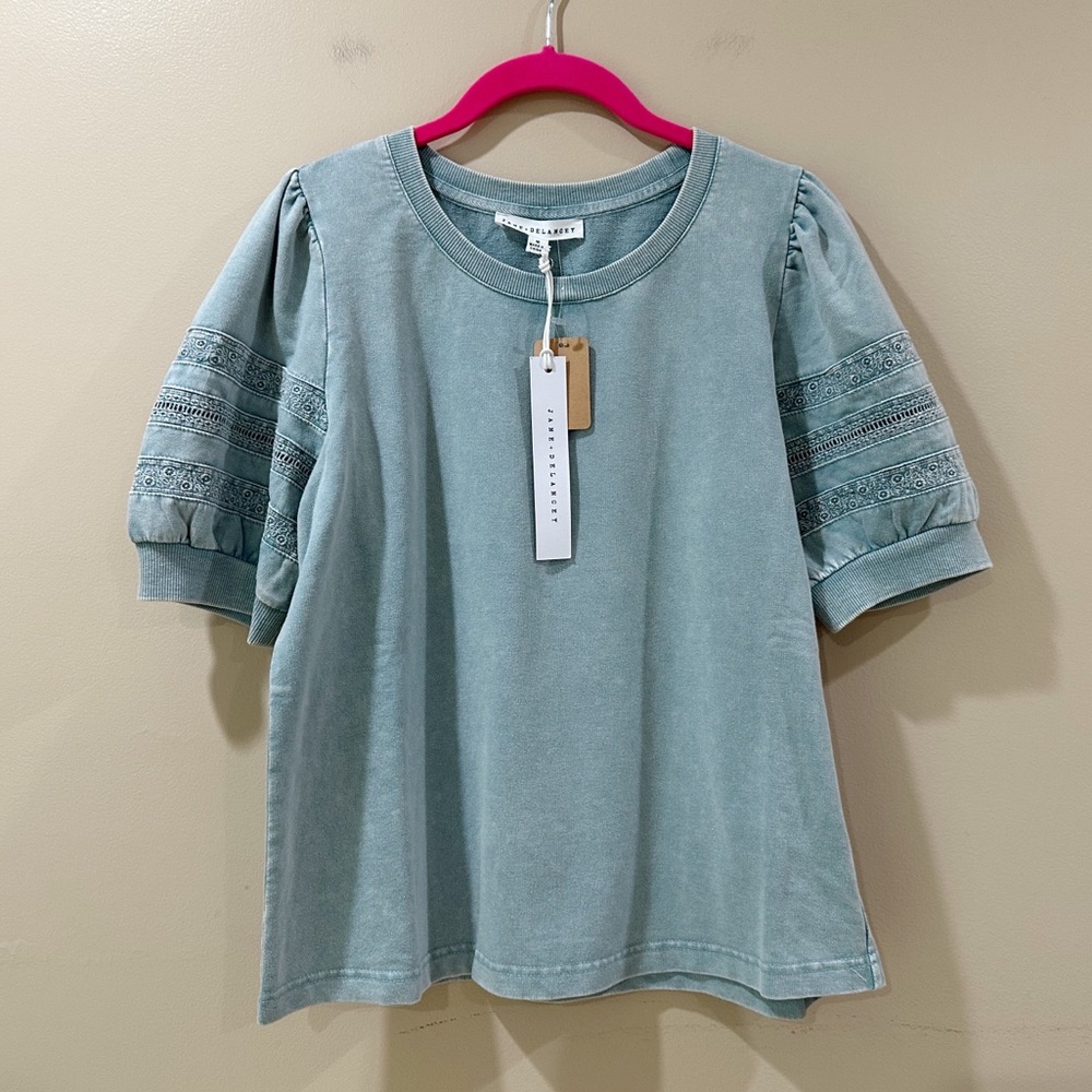 Jane And Delancey Green Wash Eyelet Lace Puff Sleeve Tee Top Vintage Women M NWT